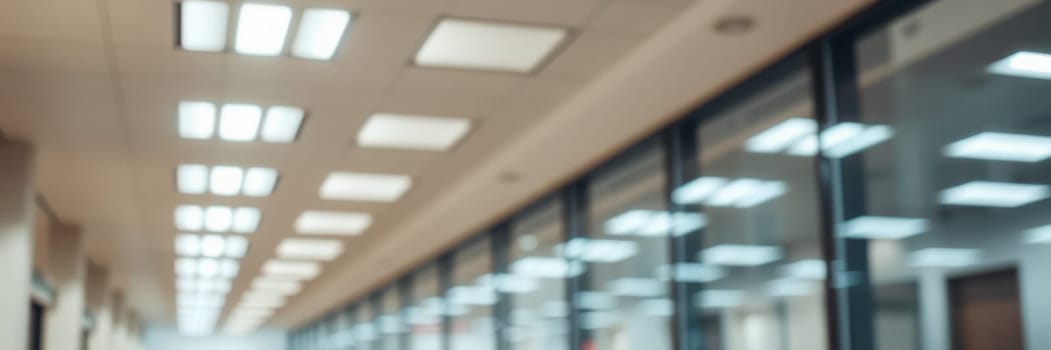 A modern office corridor features bright overhead lights and glass walls, reflecting a bustling environment as employees move through the space engaged in their work activities.