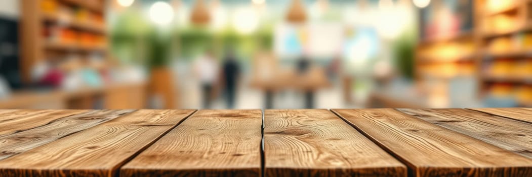 A worn wooden table sits in the foreground, while a bustling cafe atmosphere unfolds in the background. Shelves filled with products and patrons create a lively setting.