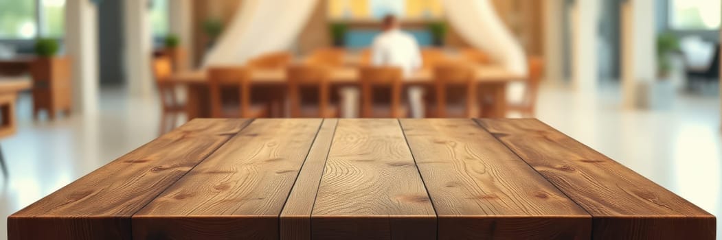 A polished wooden tabletop is set in a spacious co-working area, with blurred figures working in the background, creating an atmosphere of productivity and creativity.