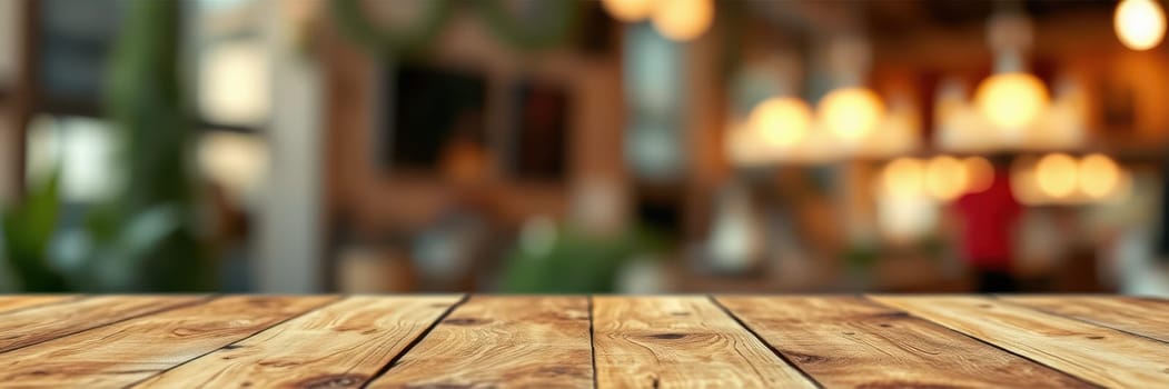 A rustic wooden table sits in a charming cafe, illuminated by soft lights. The background features a blurred mix of people and warm colors, creating a welcoming atmosphere.