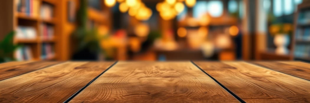A wooden table fills the foreground, showcasing its rich texture. In the background, a cozy cafe atmosphere is illuminated by warm lights, creating a welcoming vibe during the late afternoon.