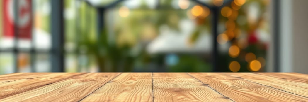 A wooden table is set in a cozy cafe atmosphere, with soft, blurred lights and greenery creating a warm ambiance. The setting suggests a relaxed afternoon vibe.