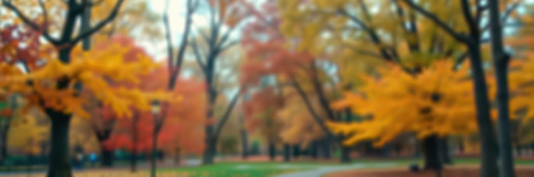 A park features a mix of yellow and orange leaves on trees, creating a warm atmosphere during a sunny autumn afternoon. People stroll along the winding paths.