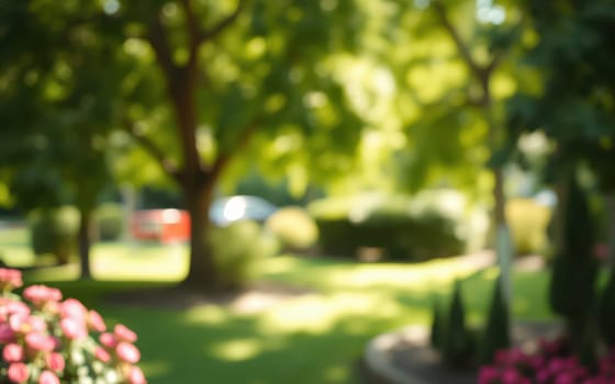 Sunlight streams through trees in a lively garden. Colorful flowers bloom, adding charm to the serene atmosphere as people enjoy the warm day in a public park.