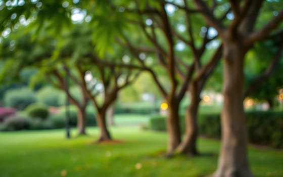 A tranquil park features tall trees, their lush leaves creating a natural canopy. The surrounding landscape is vibrant with greenery, inviting visitors to relax and enjoy the calm.