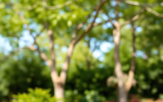 A tranquil garden filled with vibrant green trees under a clear blue sky. Sunlight filters through the leaves, creating a peaceful and serene atmosphere. Nature thrives in this outdoor space.