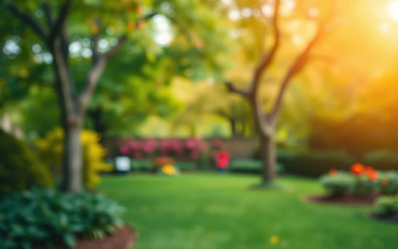A serene garden setting showcases vibrant flowers and well-maintained greenery under the warm afternoon sun, creating a peaceful atmosphere for visitors.