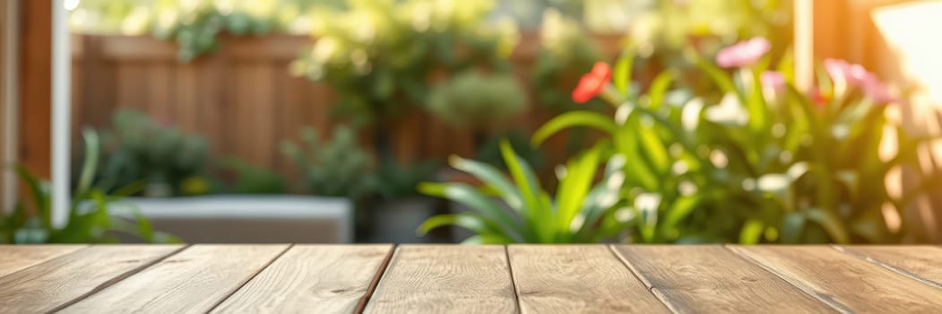 A rustic wooden table sits in an outdoor area, surrounded by lush greenery and blooming flowers, capturing the warm glow of late afternoon sunlight.