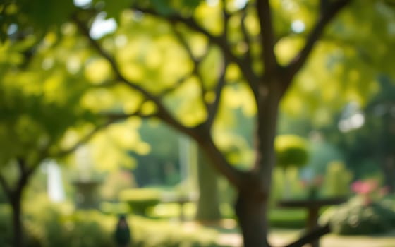 A tranquil park scene captures vibrant green trees with sunlight filtering through the leaves, creating a serene atmosphere. The well-kept landscape invites relaxation.