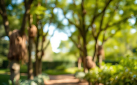 A tranquil pathway is surrounded by tall trees and vibrant greenery, inviting visitors to explore the peaceful garden on a sunny day in spring.