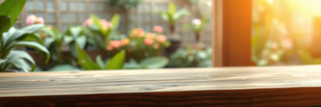 A rustic wooden table sits in a peaceful outdoor space, bathed in warm sunlight, while colorful flowers and lush greenery create a calming environment.