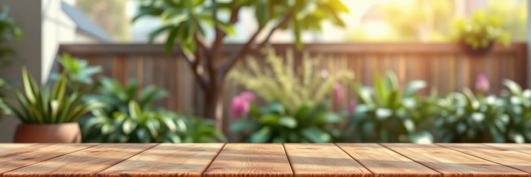 A warm, inviting outdoor area showcases a wooden table in the foreground surrounded by vibrant plants and flowers. Sunlight filters through the foliage, creating a peaceful atmosphere.