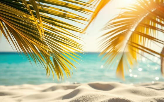 Golden sunlight shines through vibrant palm fronds, casting warm shadows on the fine sandy beach. The serene turquoise waters create a peaceful atmosphere under a clear sky.