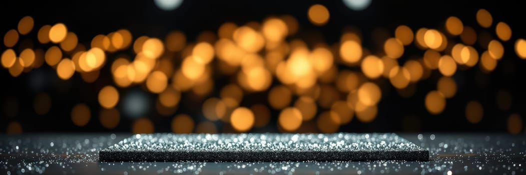 A detailed surface covered in shimmering particles stands out against a blurred backdrop of warm, glowing lights, creating a festive atmosphere suitable for celebrations.