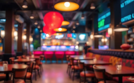 A lively cafe filled with colorful lighting and wooden tables set for guests. Background displays the bustling bar area, creating a warm and welcoming atmosphere.