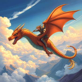 rider flying on orange dragon, big wings, blue sky and white clouds, chinese symbol, fantasy illustration . High quality illustration