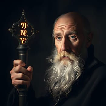 portrait of a wise old man with a staff, runes sorcerer, dark key. High quality photo