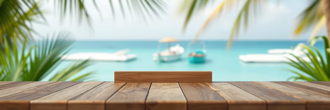 A wooden table is placed prominently in the foreground, offering a picturesque view of a tranquil beach with boats anchored in clear blue water and lush palm trees swaying gently.