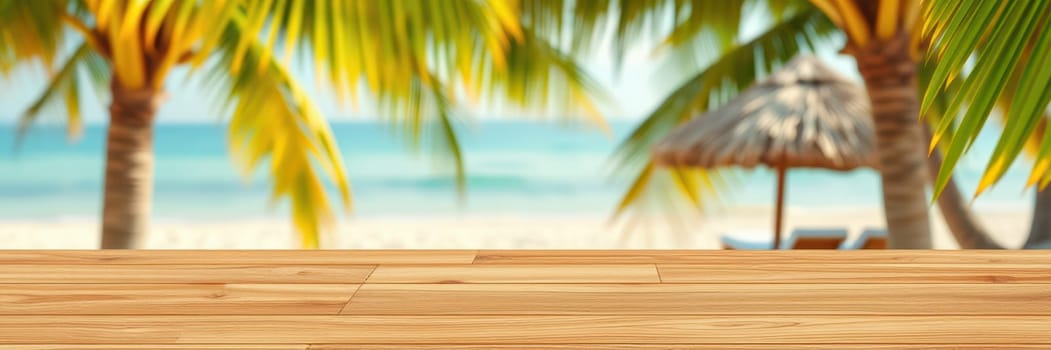 A wooden deck overlooks a tranquil beach adorned with vibrant palm trees. The clear blue ocean sparkles in the sunlight, creating a peaceful atmosphere perfect for relaxation.