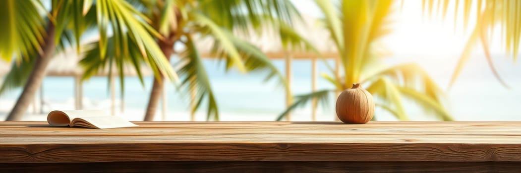 A peaceful tropical atmosphere features a coconut and an open book on a wooden table. Sunlight filters through palm trees as waves gently lap at the shore.