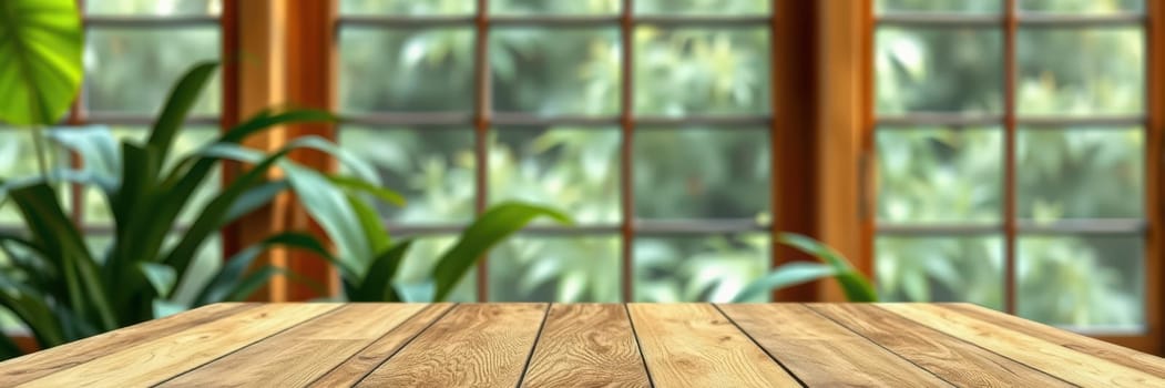 A rustic wooden table sits in a bright room filled with lush green plants. Large windows allow sunlight to pour in, creating a warm atmosphere throughout the space.