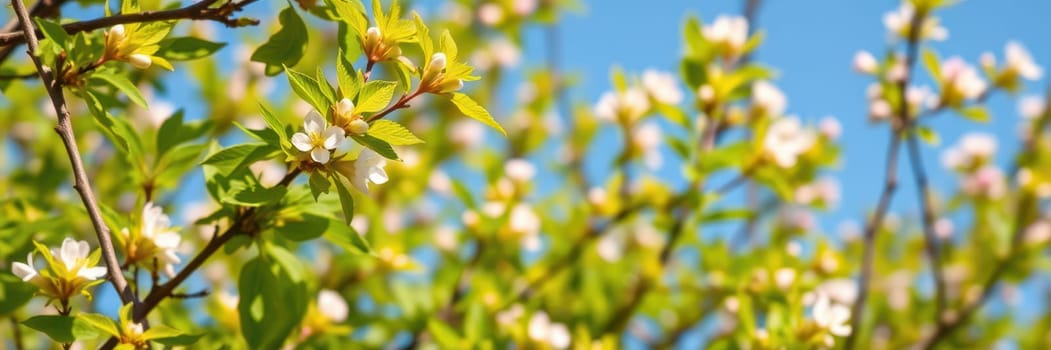 Delicate white flowers bloom on branches surrounded by fresh green leaves under a clear blue sky, showcasing the beauty of spring in full swing.