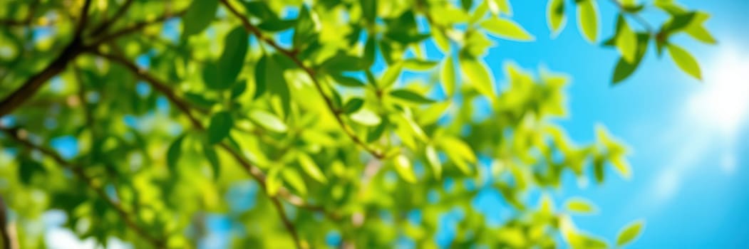Bright green leaves flutter gently in the breeze under a sunlit sky. The scene captures the tranquility of a park on a calm afternoon, evoking a sense of peace.