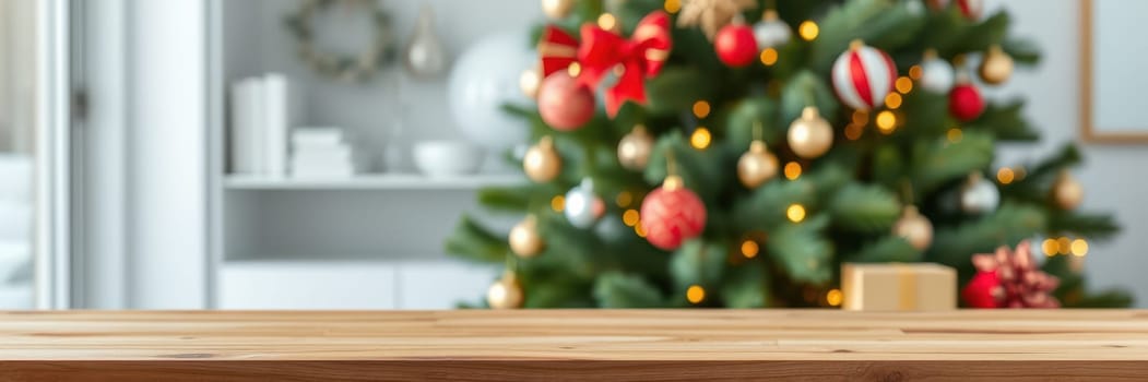 A beautifully decorated Christmas tree stands in a warm living room, filled with colorful ornaments and twinkling lights, creating a festive atmosphere for the holiday season.