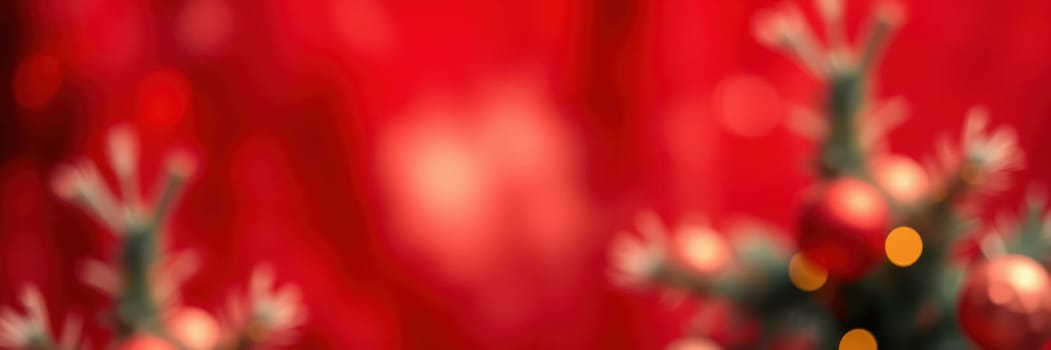 Bright red and green decorations set a cheerful holiday mood with sparkling elements. Ornaments and lights twinkle, enhancing the seasonal spirit during winter celebrations.