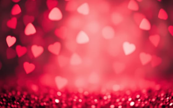 A beautiful display of heart-shaped bokeh lights in vibrant shades of red and pink fills the background, perfect for romantic occasions like Valentine's Day or weddings.
