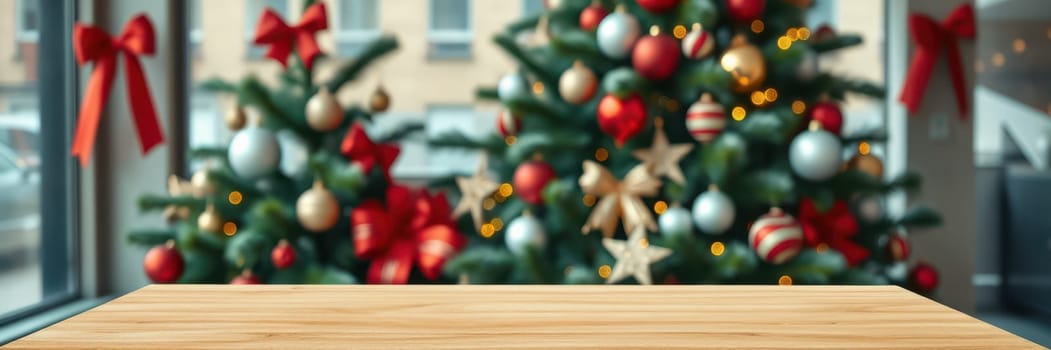 A warm and inviting atmosphere showcases a beautifully decorated wooden table in front of two vibrant Christmas trees adorned with ornaments and lights.