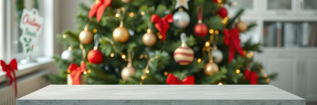 A beautifully decorated Christmas tree adorned with ornaments and ribbons creates a warm holiday atmosphere in a cozy room. A blank table awaits festive treats and decorations.