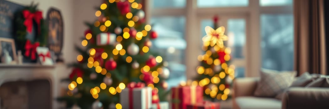 A cozy living room radiates holiday cheer with two beautifully adorned Christmas trees glowing with lights. Colorful wrapped gifts are placed underneath, enhancing the festive atmosphere.