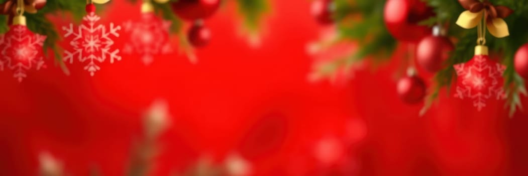A vibrant red backdrop adorned with Christmas decorations, including bright ornaments and snowflake designs, creating a cheerful holiday atmosphere perfect for festivities.