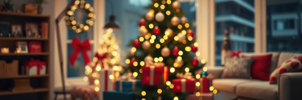 Warm lights illuminate a beautifully decorated Christmas tree in a cozy living room. Gifts are wrapped and placed under the tree, creating a festive atmosphere.