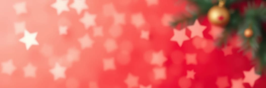 A close-up view of holiday decorations featuring shimmering stars against a soft, blurred red background. The scene evokes the spirit of celebration during the festive season.
