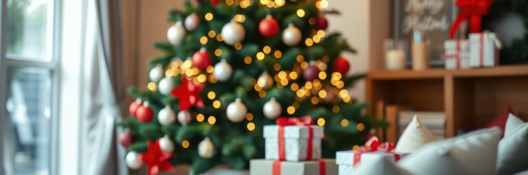 A cozy living room decorated for the holidays features a beautifully adorned Christmas tree, sparkling lights, and colorful presents beneath the tree, creating a joyful atmosphere.