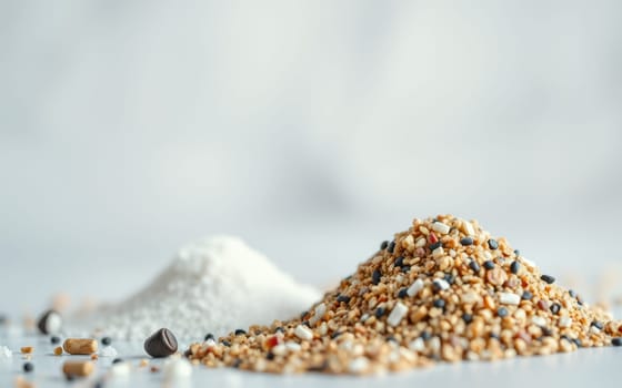 Various types of salt and sugar are arranged in small mounds on a smooth surface, showcasing their textures and colors in a kitchen environment. Ideal for cooking.