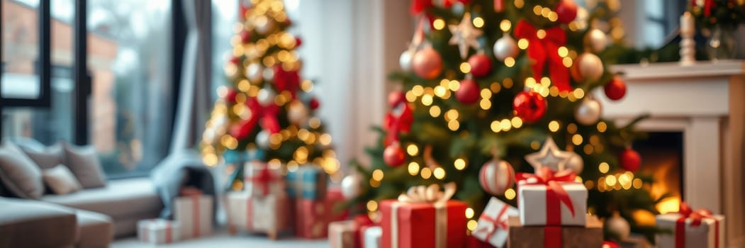 Two beautifully decorated Christmas trees stand in a warmly lit living room filled with holiday spirit. Presents are arranged around the trees on the floor.