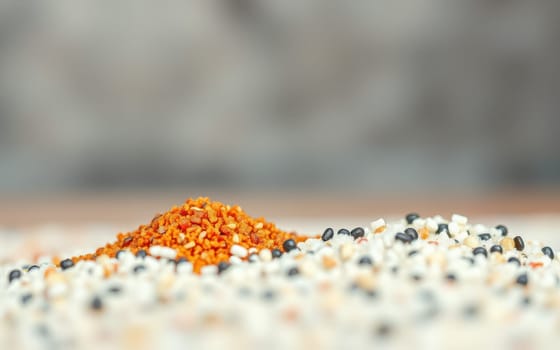 A mix of vibrant spices lies on a wooden surface, showcasing bright orange, black, and white granules. Their textures and colors invite culinary creativity and exploration.
