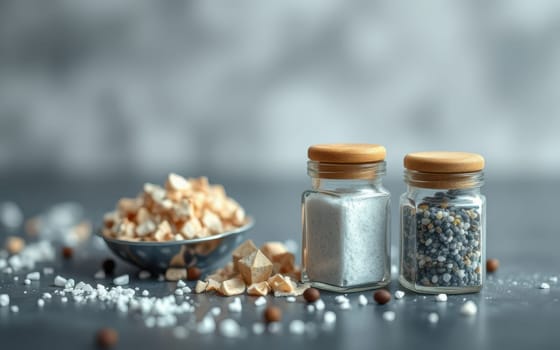 Two small glass jars with wooden lids contain different seasonings, alongside a small bowl of golden crystals and scattered salt on a textured surface.