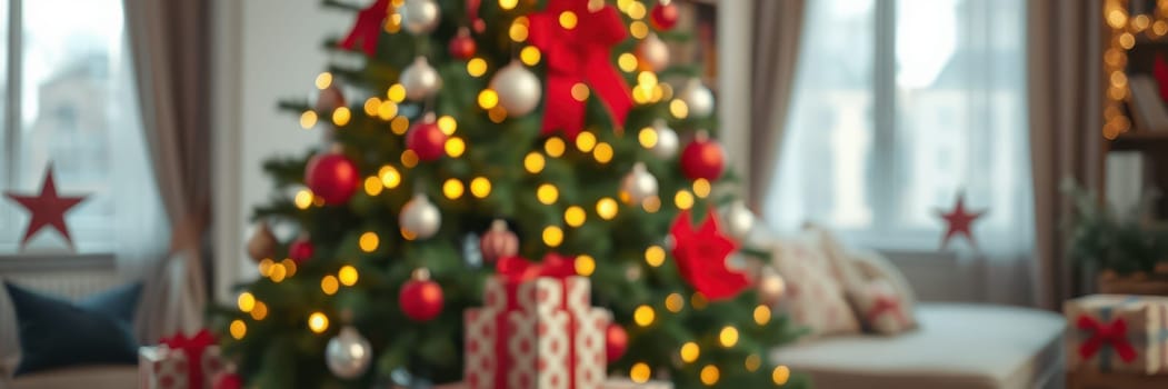 A Christmas tree stands in a cozy living room, adorned with vibrant red bows and sparkling ornaments. Beneath the tree, wrapped gifts add to the holiday spirit.