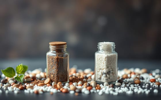Two glass jars sit on a dark surface, one filled with ground spice and the other with salt. Various small grains and herbs surround them, creating a natural kitchen setting.