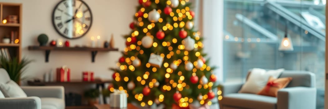 A warm living room features a large Christmas tree adorned with red and white ornaments. Soft golden lights illuminate the space, creating a festive atmosphere.