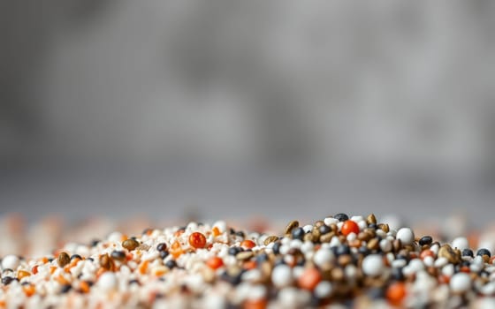A diverse collection of grains and seeds scattered across a flat surface showcases an array of colors and textures. The setting is bright, emphasizing the intricate patterns among the seeds.