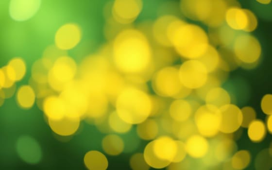A dazzling array of yellow bokeh lights twinkles softly against a blurred green background, creating a magical ambiance ideal for summer festivities or gatherings.