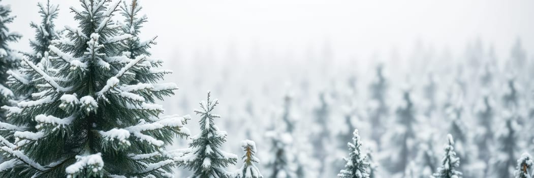 Snow blankets a forest filled with evergreen trees, creating a tranquil winter atmosphere. Fog envelops the scene, adding a sense of calm and mystery to the environment.