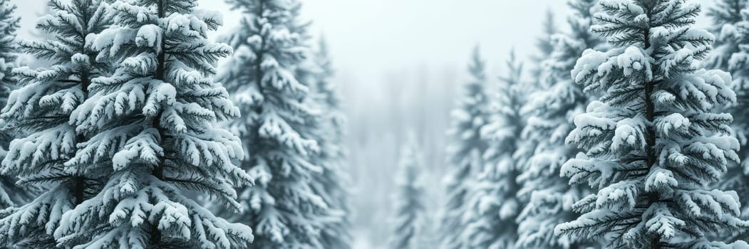 Thick layers of fresh snow blanket towering pine trees in a tranquil forest setting during winter. The scene evokes a peaceful and cold atmosphere.