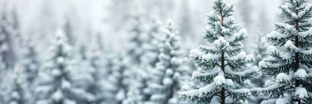 Dense conifer trees blanketed with fresh snow create a peaceful winter atmosphere. The muted landscape showcases the beauty of a cold, snowy day.