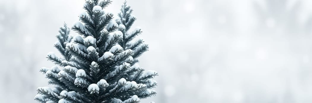 A solitary evergreen tree stands tall, fully blanketed in snow. Soft, gentle snowflakes fall around it, creating a peaceful winter scene.